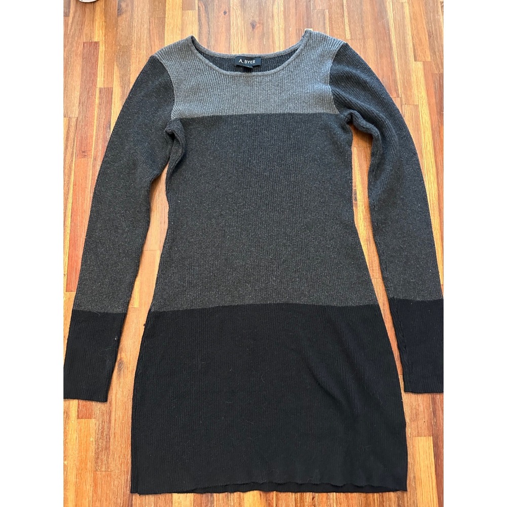 A. Byer Sweater Dress Womens M Grey Black Excellent Ribbed Knit Colorblock
